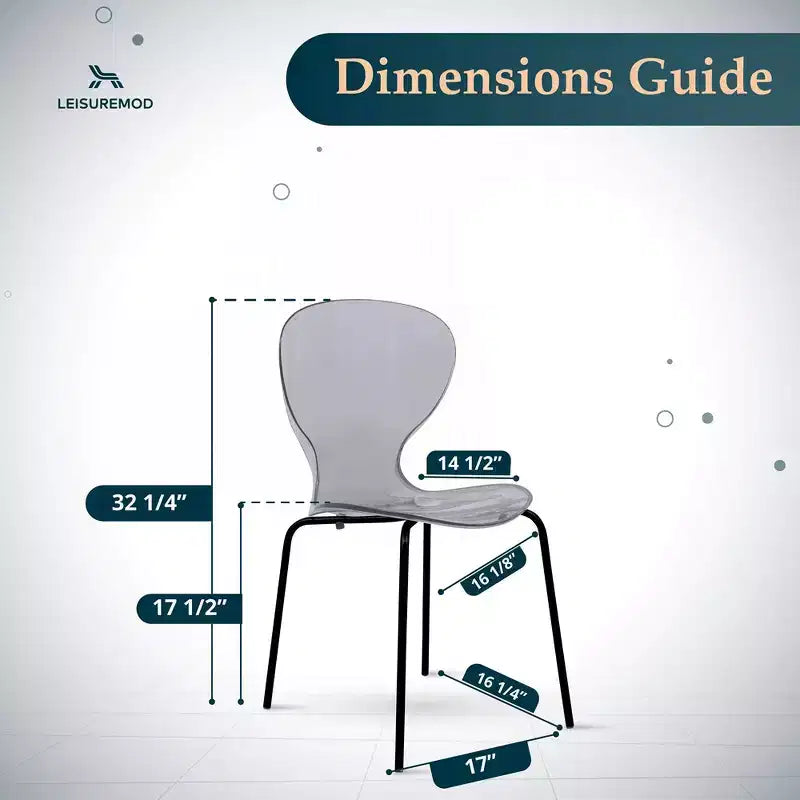 LeisureMod Oyster Chaises de salle à manger transparentes (Lot de 4) - Design incurvé empilable avec pieds en acier inoxydable noir pour cuisine ou salle à manger