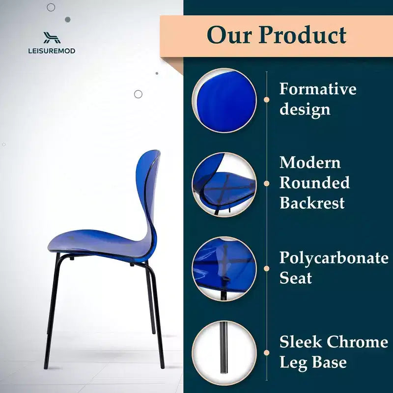 LeisureMod Oyster Chaises de salle à manger transparentes (Lot de 4) - Design incurvé empilable avec pieds en acier inoxydable noir pour cuisine ou salle à manger