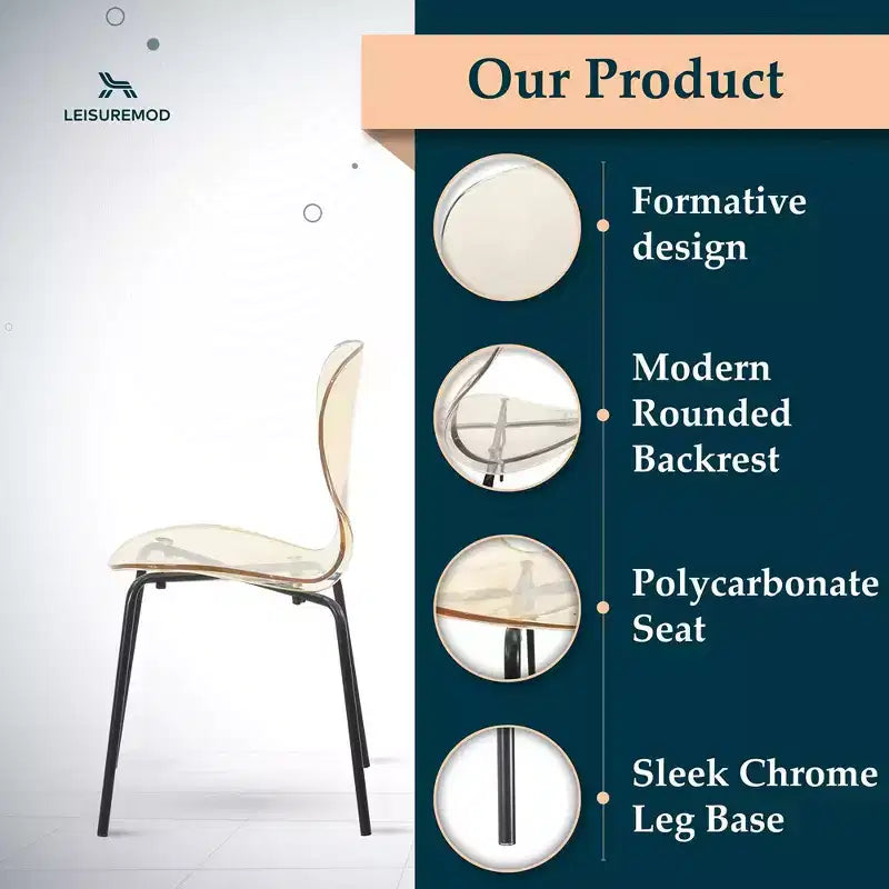 LeisureMod Oyster Chaises de salle à manger transparentes (Lot de 4) - Design incurvé empilable avec pieds en acier inoxydable noir pour cuisine ou salle à manger