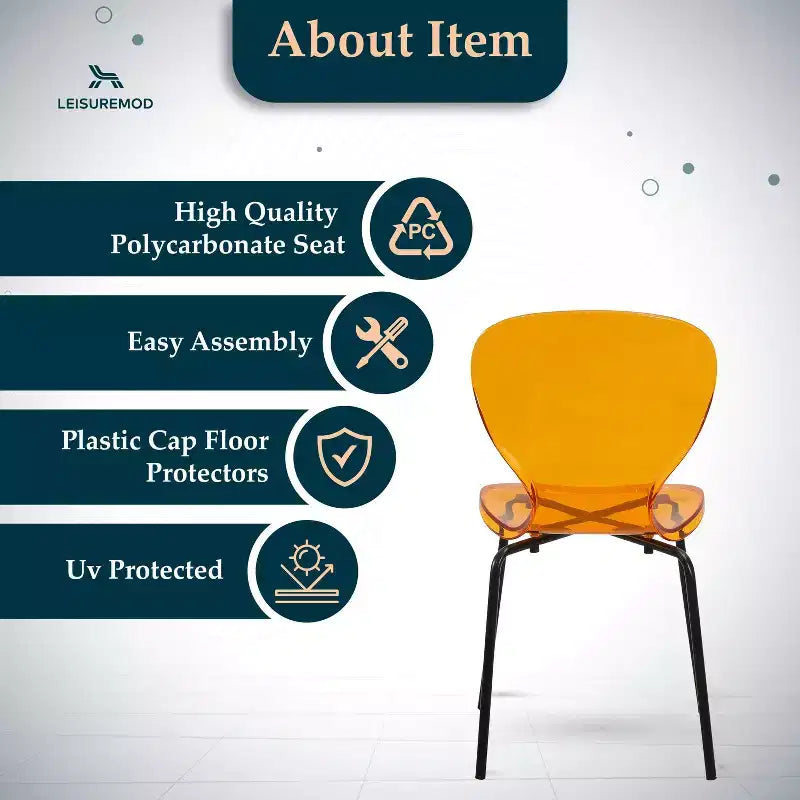 LeisureMod Oyster Chaises de salle à manger transparentes (Lot de 4) - Design incurvé empilable avec pieds en acier inoxydable noir pour cuisine ou salle à manger