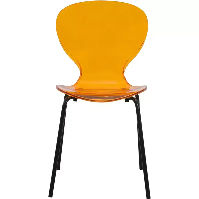 LeisureMod Oyster Chaises de salle à manger transparentes (Lot de 4) - Design incurvé empilable avec pieds en acier inoxydable noir pour cuisine ou salle à manger