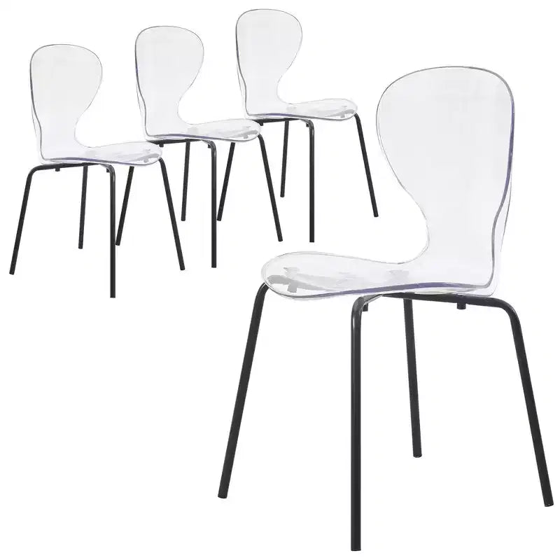 LeisureMod Oyster Chaises de salle à manger transparentes (Lot de 4) - Design incurvé empilable avec pieds en acier inoxydable noir pour cuisine ou salle à manger