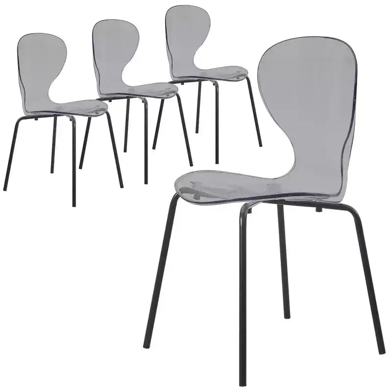 LeisureMod Oyster Chaises de salle à manger transparentes (Lot de 4) - Design incurvé empilable avec pieds en acier inoxydable noir pour cuisine ou salle à manger