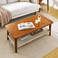 Mid-Century Coffee Table With Woven Shelf, Bohemian Rattan Coffee Table With Storage, Farmhouse Wooden Low Rectangular End Table For Living Room