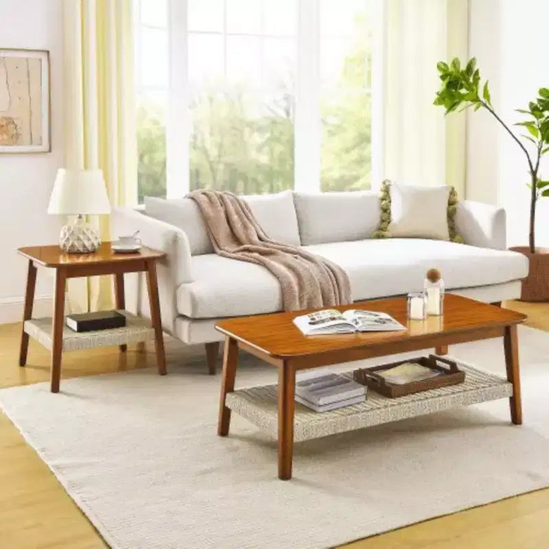 Table basse de style Mid-Century avec étagère tissée, table basse bohème en rotin avec rangement, petite table d'appoint rectangulaire basse en bois de style rustique pour salon