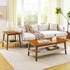 Table basse de style Mid-Century avec étagère tissée, table basse bohème en rotin avec rangement, petite table d'appoint rectangulaire basse en bois de style rustique pour salon