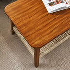 Table basse de style Mid-Century avec étagère tissée, table basse bohème en rotin avec rangement, petite table d'appoint rectangulaire basse en bois de style rustique pour salon