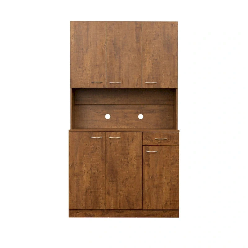 Grande armoire de style ferme rustique avec étagères, compartiment ouvert et tiroir, armoire de rangement autoportante