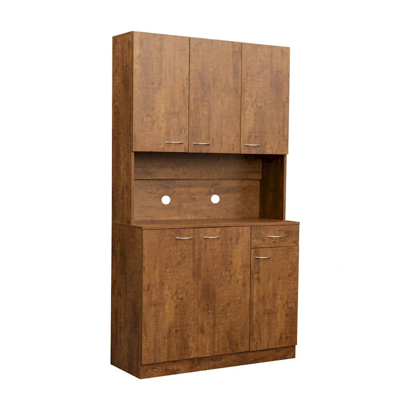 Grande armoire de style ferme rustique avec étagères, compartiment ouvert et tiroir, armoire de rangement autoportante