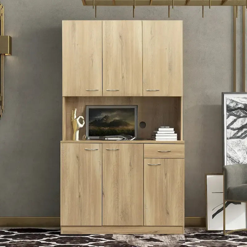 Grande armoire de style ferme rustique avec étagères, compartiment ouvert et tiroir, armoire de rangement autoportante
