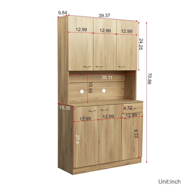 Grande armoire de style ferme rustique avec étagères, compartiment ouvert et tiroir, armoire de rangement autoportante