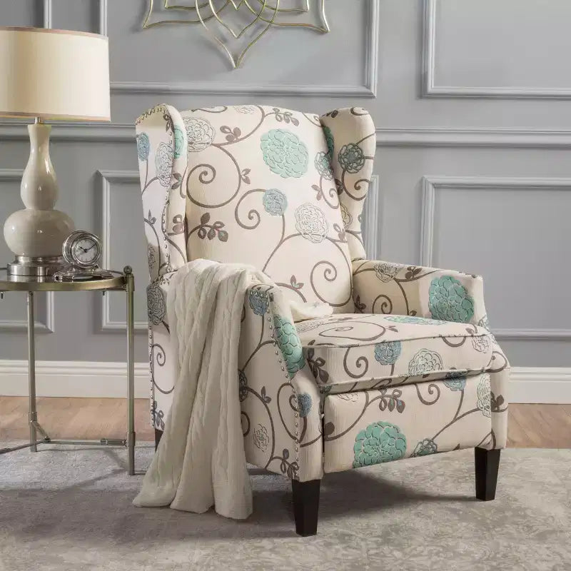 Christopher Knight Home Wescott Fauteuil inclinable contemporain en tissu à dossier haut et pousser pour incliner, motif floral beige clair et bleu
