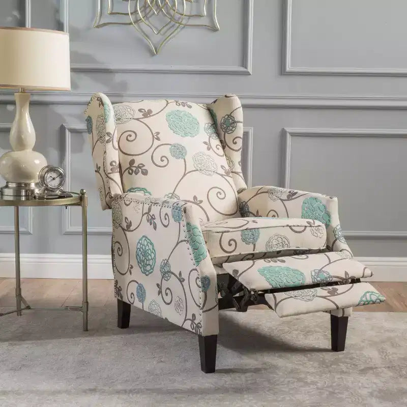 Christopher Knight Home Wescott Fauteuil inclinable contemporain en tissu à dossier haut et pousser pour incliner, motif floral beige clair et bleu