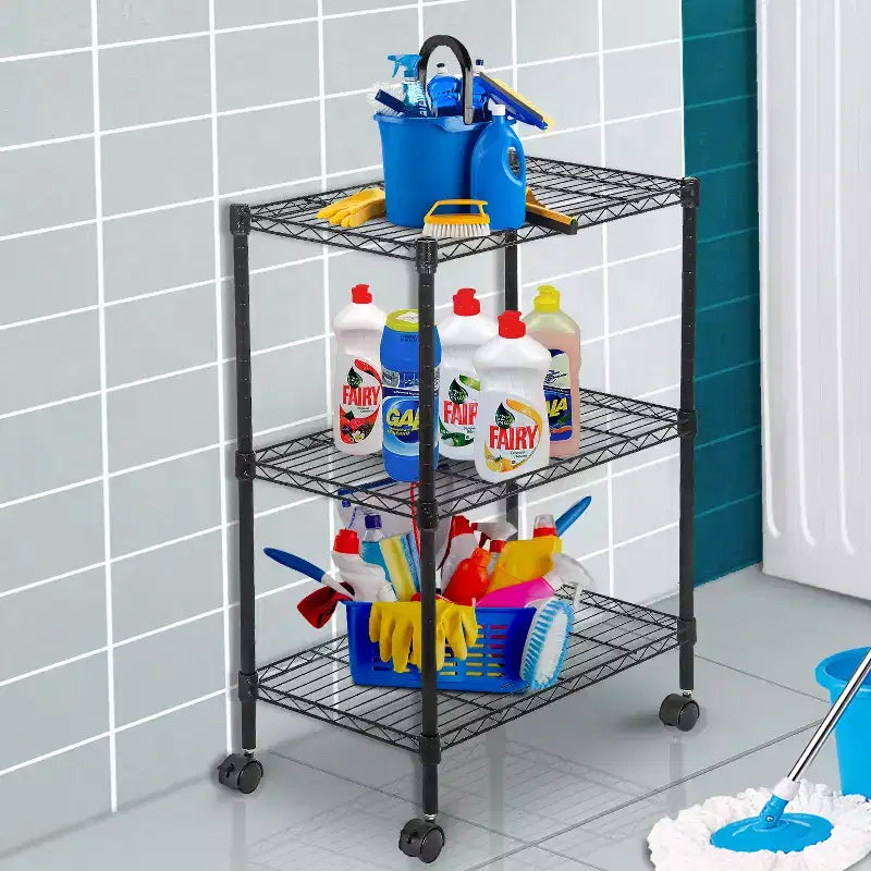 Étagère de rangement métallique à 3 niveaux réglables avec roulettes, noire