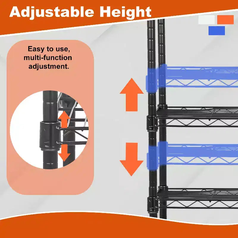 Étagère de rangement métallique à 3 niveaux réglables avec roulettes, noire