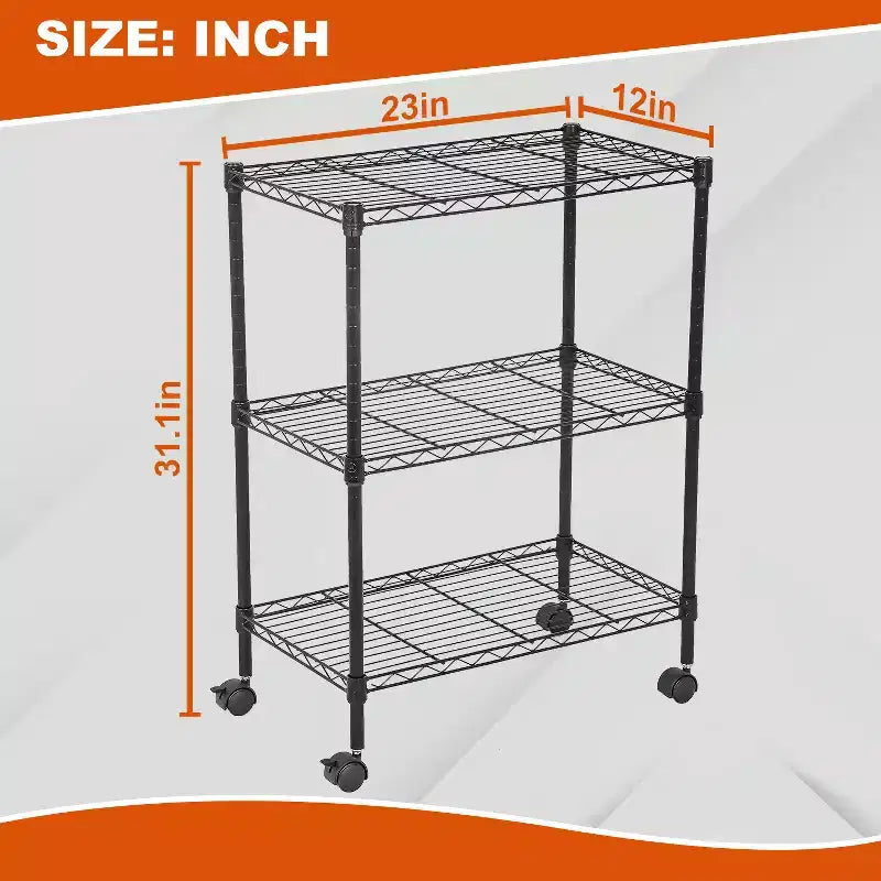 Étagère de rangement métallique à 3 niveaux réglables avec roulettes, noire