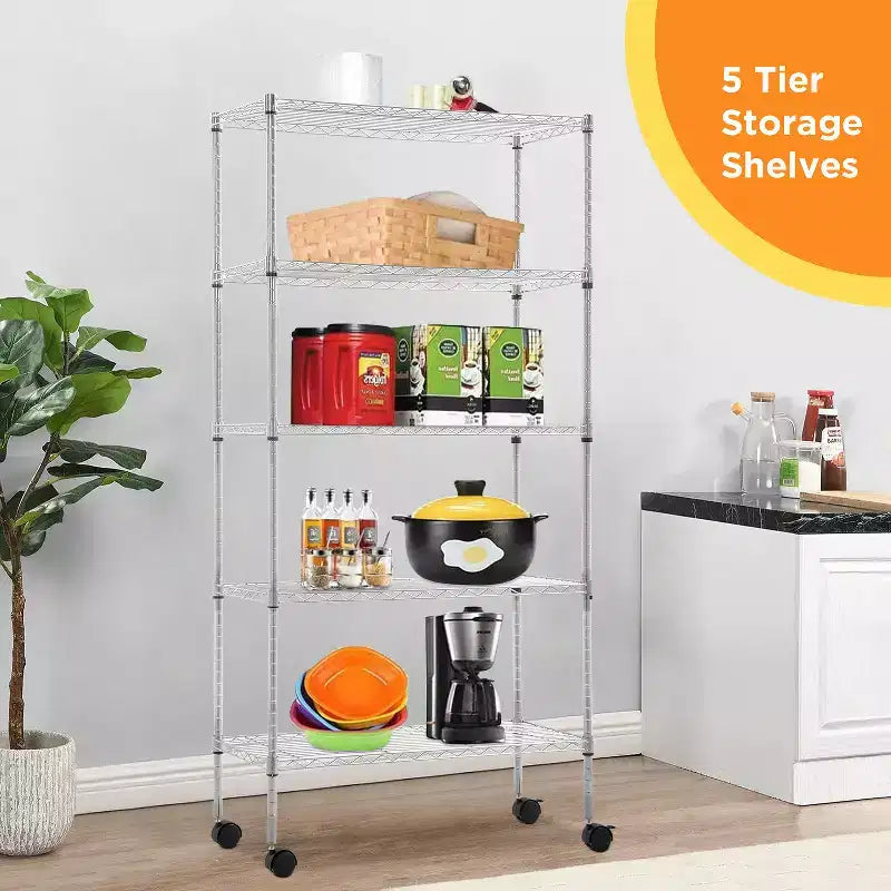 FDW Étagère métallique à 5 niveaux avec roulettes Unité de rangement robuste en métal Étagère de garage Étagère métallique