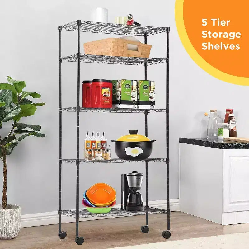 FDW Étagère métallique à 5 niveaux avec roulettes Unité de rangement robuste en métal Étagère de garage Étagère métallique