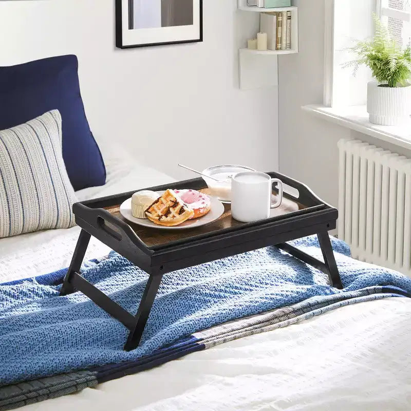 Bed Tray Table with Bamboo Folding Legs, Sofa Breakfast Tray, Serving Tray, Rustic Dark Brown