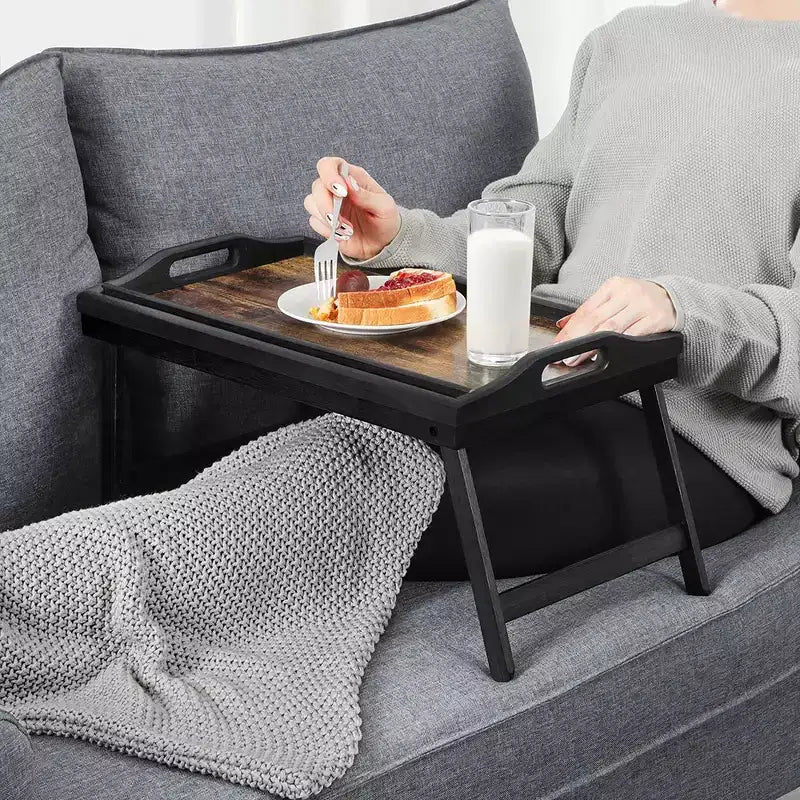 Table de lit avec pieds pliables en bambou, Plateau de petit-déjeuner pour canapé, Plateau de service, Marron foncé rustique