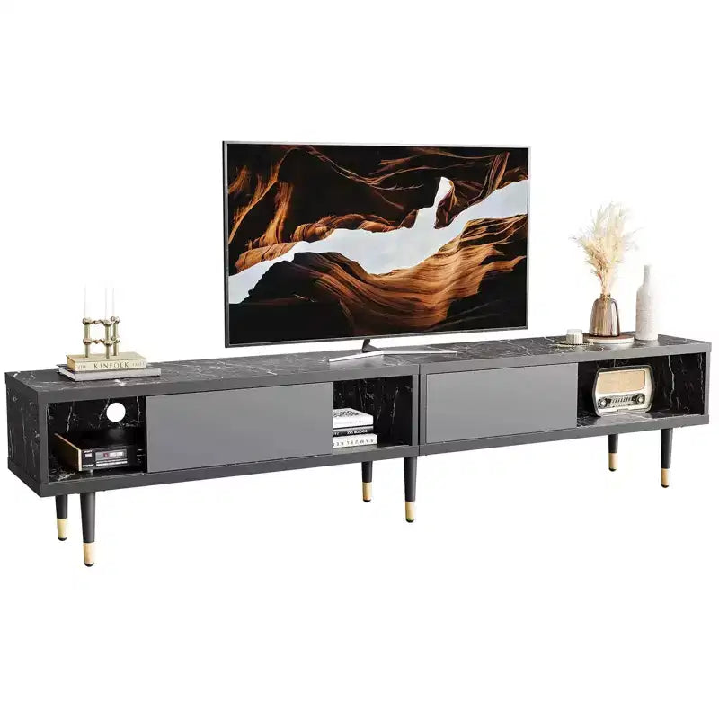 Bestier Meuble TV Moderne du Milieu du Siècle 80, Meuble TV pour téléviseurs jusqu'à 85 pouces, Long Meuble TV 2-en-1, Table Basse Carrée avec Porte Coulissante