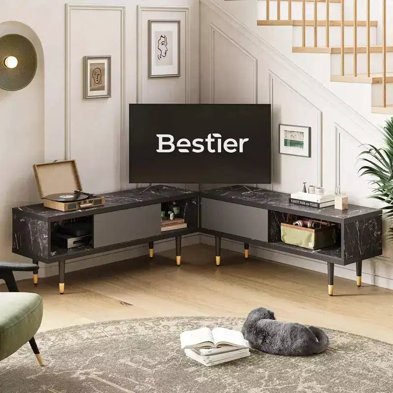 Bestier Meuble TV Moderne du Milieu du Siècle 80, Meuble TV pour téléviseurs jusqu'à 85 pouces, Long Meuble TV 2-en-1, Table Basse Carrée avec Porte Coulissante