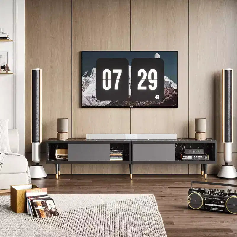 Bestier Meuble TV Moderne du Milieu du Siècle 80, Meuble TV pour téléviseurs jusqu'à 85 pouces, Long Meuble TV 2-en-1, Table Basse Carrée avec Porte Coulissante