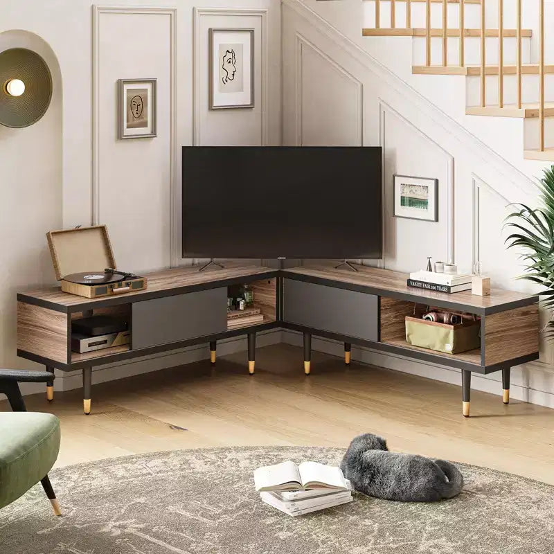 Bestier Meuble TV Moderne du Milieu du Siècle 80, Meuble TV pour téléviseurs jusqu'à 85 pouces, Long Meuble TV 2-en-1, Table Basse Carrée avec Porte Coulissante