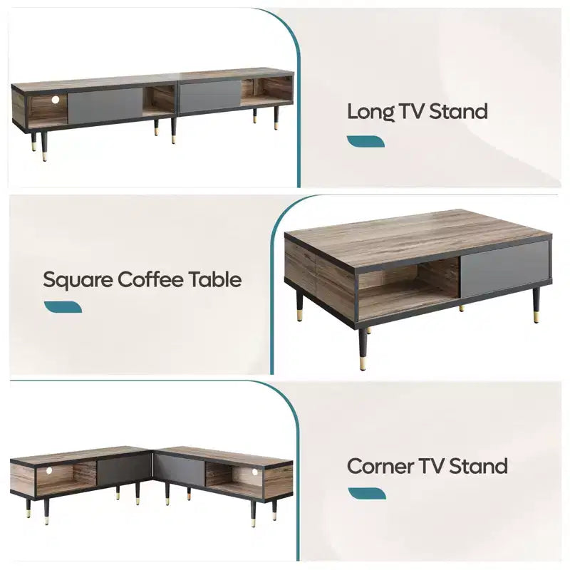 Bestier Meuble TV Moderne du Milieu du Siècle 80, Meuble TV pour téléviseurs jusqu'à 85 pouces, Long Meuble TV 2-en-1, Table Basse Carrée avec Porte Coulissante
