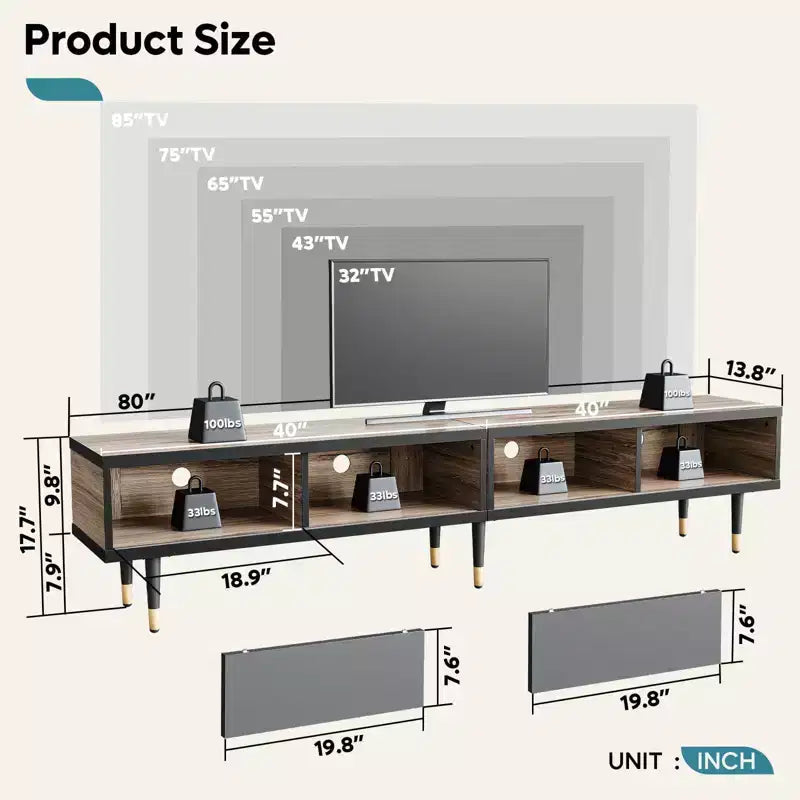 Bestier Meuble TV Moderne du Milieu du Siècle 80, Meuble TV pour téléviseurs jusqu'à 85 pouces, Long Meuble TV 2-en-1, Table Basse Carrée avec Porte Coulissante