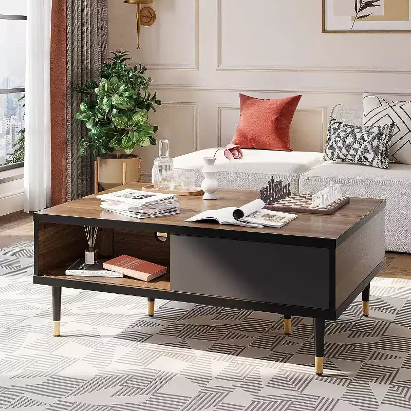 Bestier Meuble TV Moderne du Milieu du Siècle 80, Meuble TV pour téléviseurs jusqu'à 85 pouces, Long Meuble TV 2-en-1, Table Basse Carrée avec Porte Coulissante