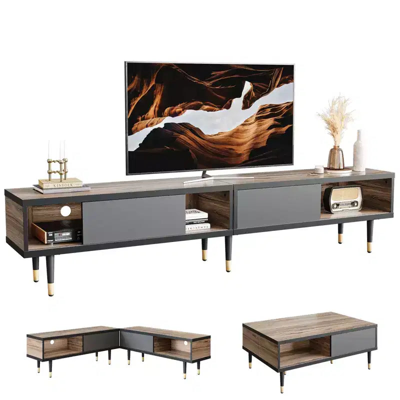 Bestier Meuble TV Moderne du Milieu du Siècle 80, Meuble TV pour téléviseurs jusqu'à 85 pouces, Long Meuble TV 2-en-1, Table Basse Carrée avec Porte Coulissante