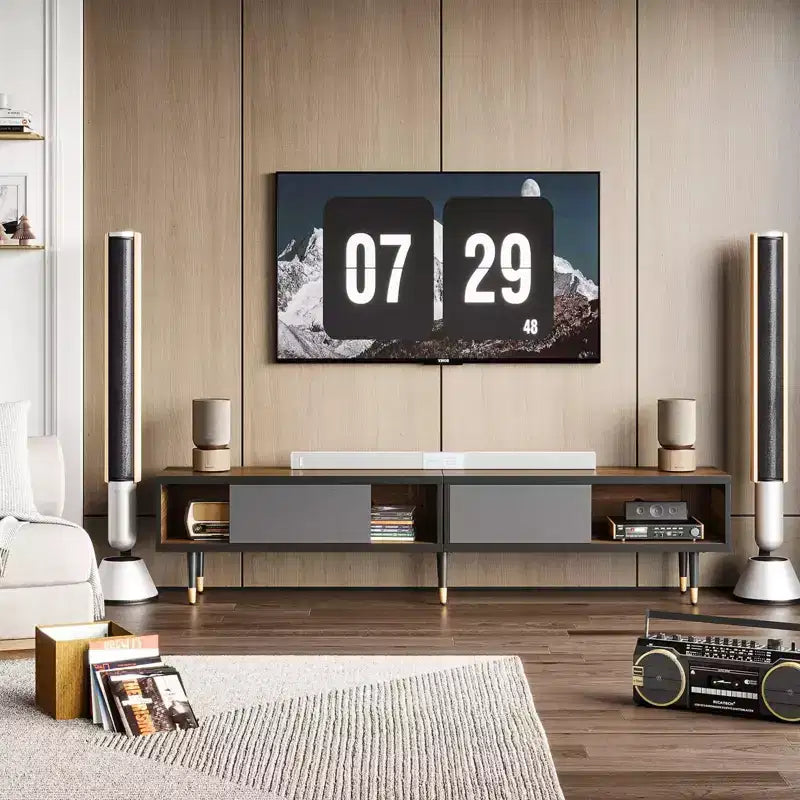 Bestier Meuble TV Moderne du Milieu du Siècle 80, Meuble TV pour téléviseurs jusqu'à 85 pouces, Long Meuble TV 2-en-1, Table Basse Carrée avec Porte Coulissante