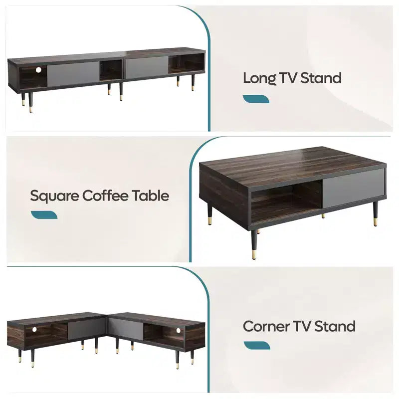 Bestier Meuble TV Moderne du Milieu du Siècle 80, Meuble TV pour téléviseurs jusqu'à 85 pouces, Long Meuble TV 2-en-1, Table Basse Carrée avec Porte Coulissante