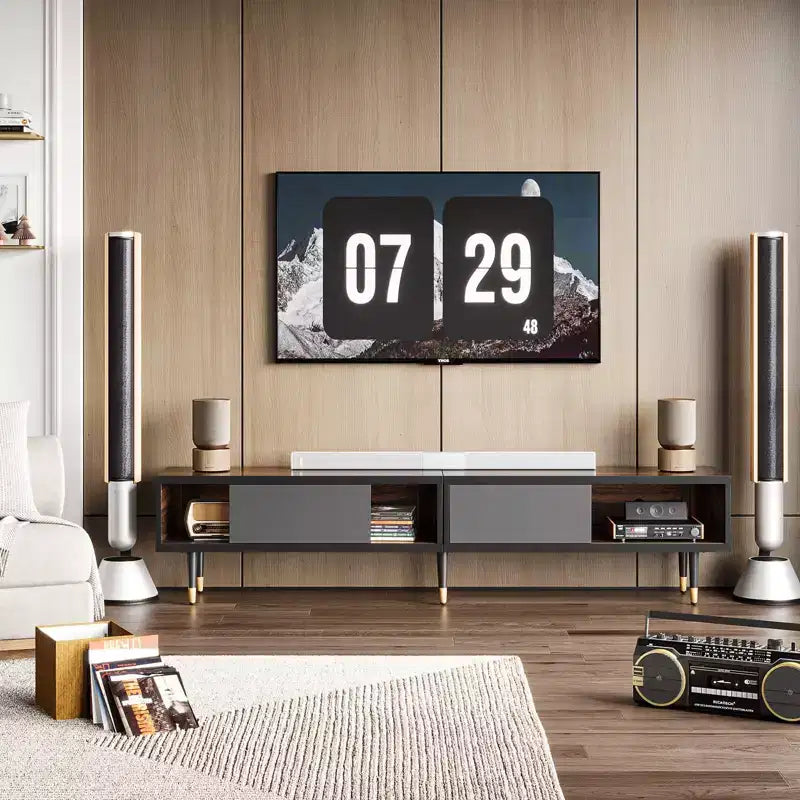Bestier Meuble TV Moderne du Milieu du Siècle 80, Meuble TV pour téléviseurs jusqu'à 85 pouces, Long Meuble TV 2-en-1, Table Basse Carrée avec Porte Coulissante