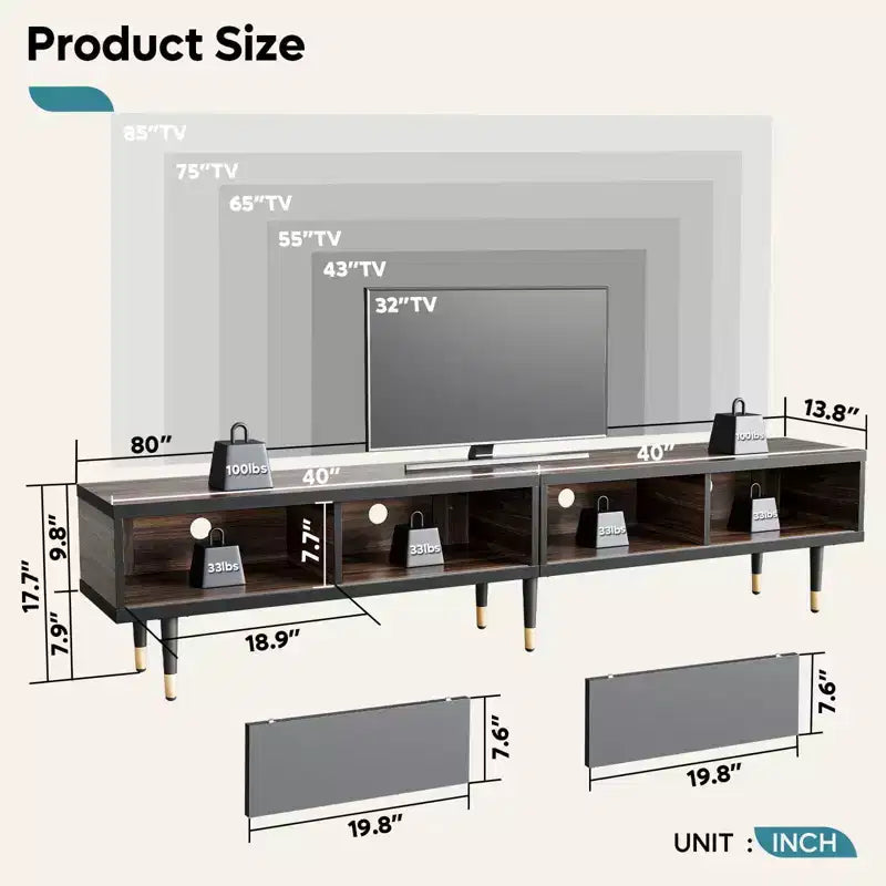 Bestier Meuble TV Moderne du Milieu du Siècle 80, Meuble TV pour téléviseurs jusqu'à 85 pouces, Long Meuble TV 2-en-1, Table Basse Carrée avec Porte Coulissante