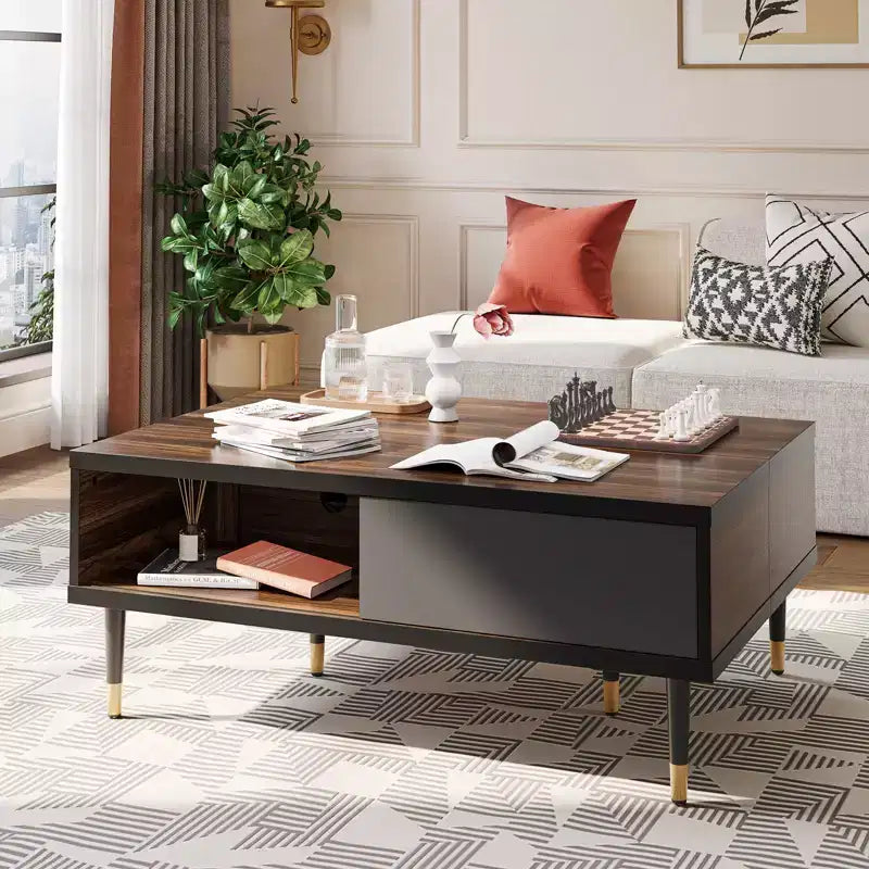 Bestier Meuble TV Moderne du Milieu du Siècle 80, Meuble TV pour téléviseurs jusqu'à 85 pouces, Long Meuble TV 2-en-1, Table Basse Carrée avec Porte Coulissante