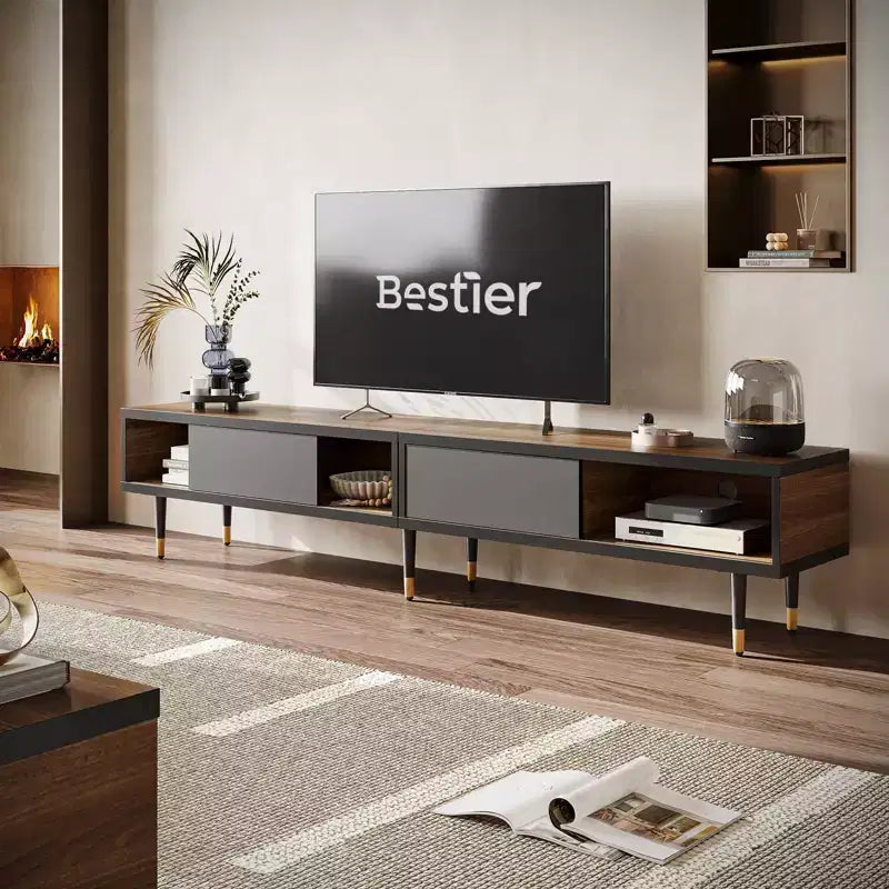 Bestier Meuble TV Moderne du Milieu du Siècle 80, Meuble TV pour téléviseurs jusqu'à 85 pouces, Long Meuble TV 2-en-1, Table Basse Carrée avec Porte Coulissante