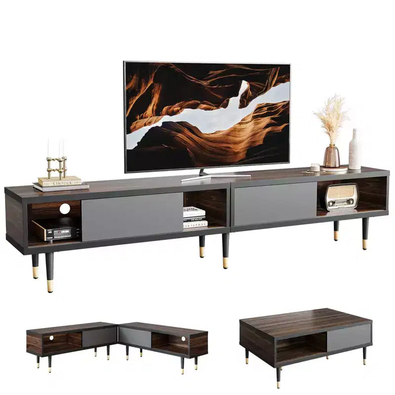 Bestier Meuble TV Moderne du Milieu du Siècle 80, Meuble TV pour téléviseurs jusqu'à 85 pouces, Long Meuble TV 2-en-1, Table Basse Carrée avec Porte Coulissante
