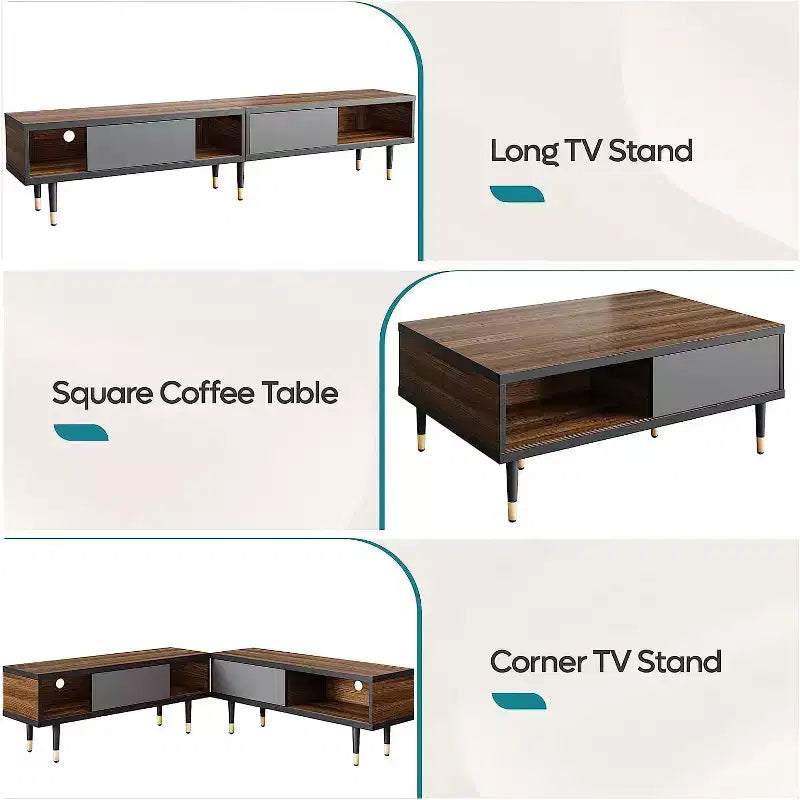 Bestier Meuble TV Moderne du Milieu du Siècle 80, Meuble TV pour téléviseurs jusqu'à 85 pouces, Long Meuble TV 2-en-1, Table Basse Carrée avec Porte Coulissante