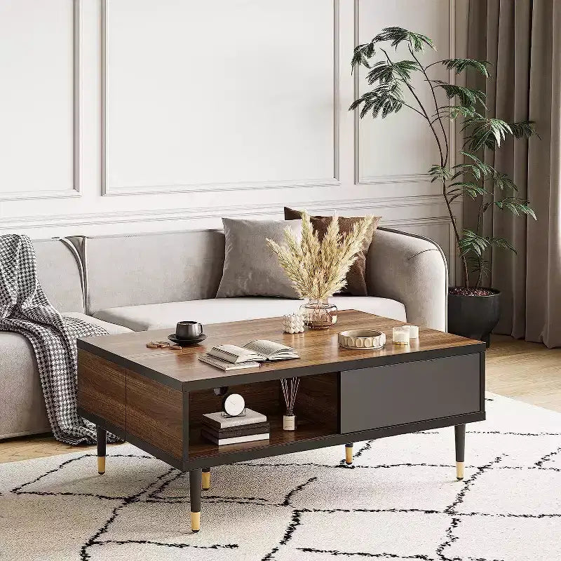 Bestier Meuble TV Moderne du Milieu du Siècle 80, Meuble TV pour téléviseurs jusqu'à 85 pouces, Long Meuble TV 2-en-1, Table Basse Carrée avec Porte Coulissante