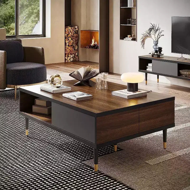 Bestier Meuble TV Moderne du Milieu du Siècle 80, Meuble TV pour téléviseurs jusqu'à 85 pouces, Long Meuble TV 2-en-1, Table Basse Carrée avec Porte Coulissante