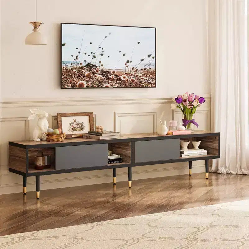 Bestier Meuble TV Moderne du Milieu du Siècle 80, Meuble TV pour téléviseurs jusqu'à 85 pouces, Long Meuble TV 2-en-1, Table Basse Carrée avec Porte Coulissante