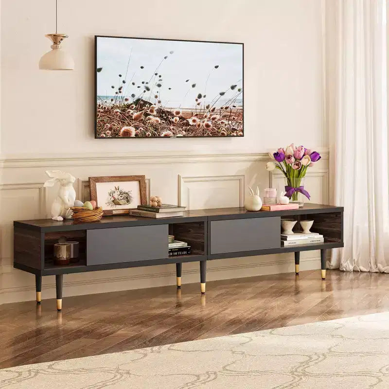 Bestier Meuble TV Moderne du Milieu du Siècle 80, Meuble TV pour téléviseurs jusqu'à 85 pouces, Long Meuble TV 2-en-1, Table Basse Carrée avec Porte Coulissante