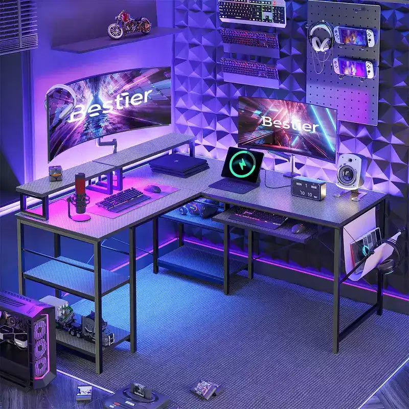 Bestier Bureau de Jeu en L de 60 Pouces avec Supports d'Écran et Plateau de Clavier, Longue Table pour 2 Personnes avec Étagères, Poste de Travail d'Angle RVB pour PC Gamer
