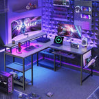 Bestier Bureau de Jeu en L de 60 Pouces avec Supports d'Écran et Plateau de Clavier, Longue Table pour 2 Personnes avec Étagères, Poste de Travail d'Angle RVB pour PC Gamer