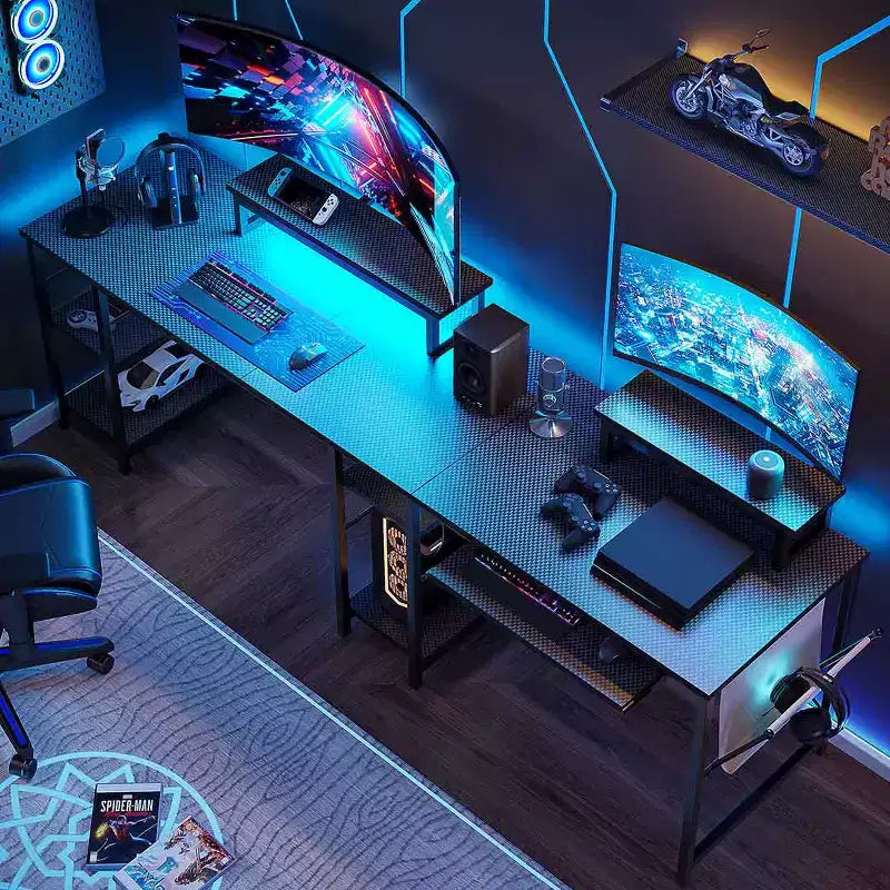 Bestier Bureau de Jeu en L de 60 Pouces avec Supports d'Écran et Plateau de Clavier, Longue Table pour 2 Personnes avec Étagères, Poste de Travail d'Angle RVB pour PC Gamer