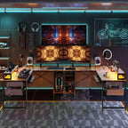 Bestier Bureau de Jeu en L de 60 Pouces avec Supports d'Écran et Plateau de Clavier, Longue Table pour 2 Personnes avec Étagères, Poste de Travail d'Angle RVB pour PC Gamer