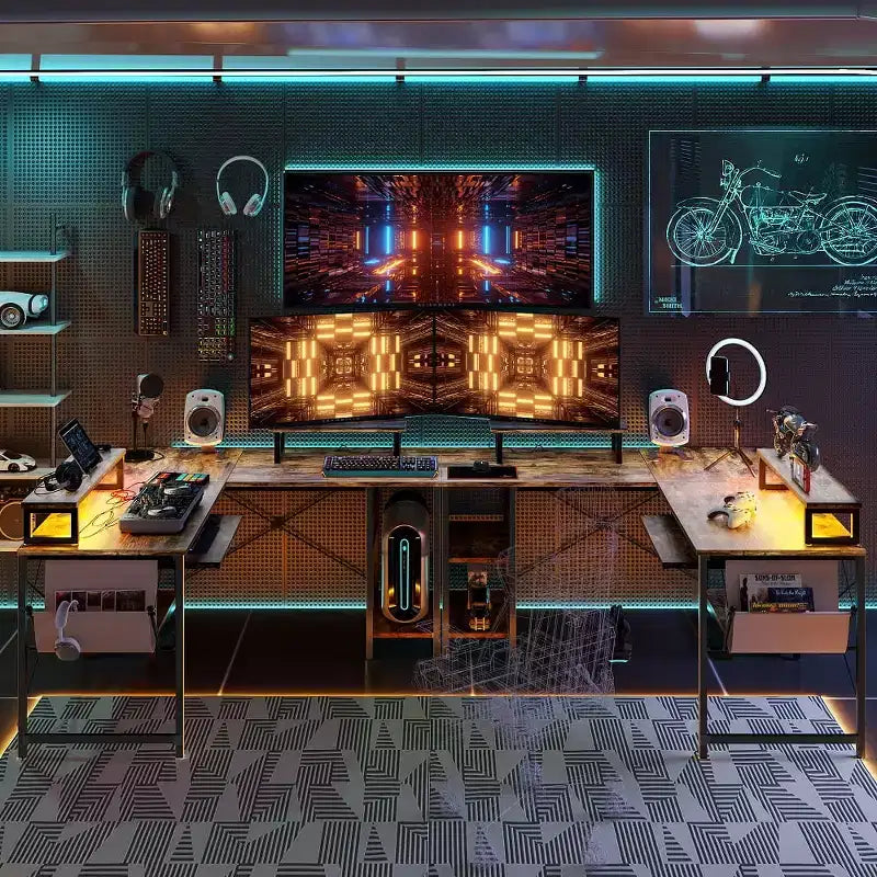 Bestier Bureau de Jeu en L de 60 Pouces avec Supports d'Écran et Plateau de Clavier, Longue Table pour 2 Personnes avec Étagères, Poste de Travail d'Angle RVB pour PC Gamer