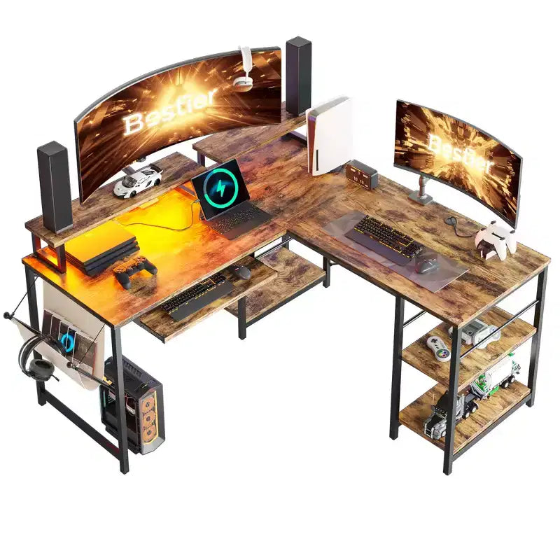 Bestier Bureau de Jeu en L de 60 Pouces avec Supports d'Écran et Plateau de Clavier, Longue Table pour 2 Personnes avec Étagères, Poste de Travail d'Angle RVB pour PC Gamer